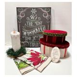 ASSORTED HOLIDAY DECOR including MICHEL DESIGN Tea Towel, Sign, Electric Lighted Candle and New Velvet Boxes