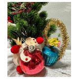 Assorted HAND CRAFTED VINTAGE CHENILLE Ornaments, Mini Tree and Flocked WOODEN Sign