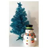 Retro Teal Blue Christmas Tree, Buffalo Plaid Tree Skirt and Snowman Cookie Jar