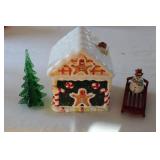 Gingerbread House Cookie Jar with Decorative Christmas Tree and Snowman on Sled