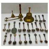 Group Of Misc. Brass Bells, Silver Plated Spoons & More