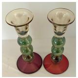 Pair of Krosno Tri-Colored Glass Candle Holders