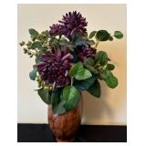 Two Beautiful Faux Muted Color Flower Arrangements with One Wood and One Ceramic Vase