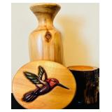 Set of 3 Wooden Decoration Items Including a Vase, Plaque, and Candle