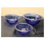 Set of 3 Vintage Cobalt Blue Glass Mixing Bowls