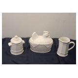 Vintage Three-Piece White Ceramic Hen on Nest Set with Sugar Bowl and Creamer