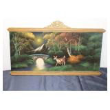 Vintage Framed Landscape Artwork with Deer and Bridge