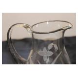 Vintage Glass Pitcher with Etched Floral Design