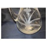 Vintage Glass Pitcher with Etched Floral Design