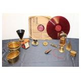 Collection of Vintage Brass and Vinyl Items including RCA Victor Records