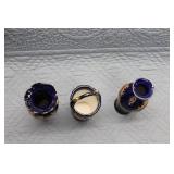 Set of 3 Vintage Blue & Gold Floral Porcelain Vases