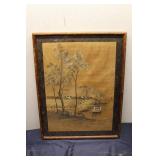 Framed Vintage Landscape Painting with Pagoda and River Scene