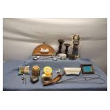 Mixed Vintage Collectibles Lot with Heart Shaped Box, Silverware, and Decorative Figurines