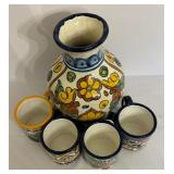 Mexican Pottery Vase and Four Pottery Mugs