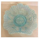 Vintage Jefferson Glass Blue Aqua Opalescent Flat Bowl Grape and Cherry Leaves