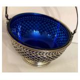 Vintage Sterling Silver Basket Bowl with Cobalt Blue Glass Insert