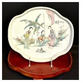 Vintage Chinese Porcelain Tray on Wood Stand