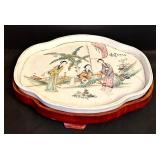 Vintage Chinese Porcelain Tray on Wood Stand