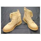 Pair of Used Cream Canvas Combat Boots with Zipper and Laces