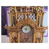 Ornate Wooden Scroll Saw Clock Tower with Intricate Detailing, Approximately 30 Inches Tall