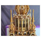 Ornate Wooden Scroll Saw Clock Tower with Intricate Detailing, Approximately 30 Inches Tall