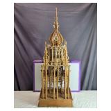 Ornate Wooden Scroll Saw Clock Tower with Intricate Detailing, Approximately 30 Inches Tall