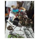 Assorted Home Decor Items including Baskets, Florals, and Signs