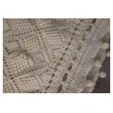 Vintage Afghan Ivory Puff Hand Knit King-Size Crocheted PomPom Fringe Blanket Throw Bedspread Coverlet