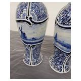 Tall Delft Blue and White Lidded Vase Jars, paiar