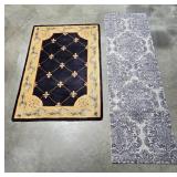 Set of 2 Decorative Area Rugs - Black Floral Pattern and Grey Damask Design