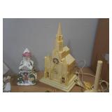 Assorted Christmas Décor -Lighted Church, Candle Holders, Trumpet