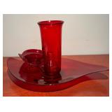 Whimsical Vintage Glass Red Platter, Divided Dish and Vase