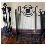 Vintage Three Section Decorative Wrought Iron Folding Fire Screen and Tools