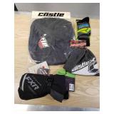 FXR Helix Race MItts - YOUTH Large, Castle Standard helmet bag black with color logo, FXR S/M socks and a Castle beanie