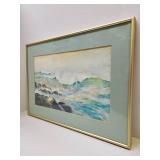 Framed Signed Vintage Original Watercolor Crashing Waves Ocean Shoreline Painting by Albina Wellington