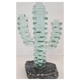 Vintage Stacked Glass Saguaro Cactus Sculpture on Stone Base