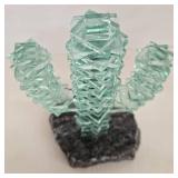 Vintage Stacked Glass Saguaro Cactus Sculpture on Stone Base