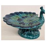 Vintage ENESCO Peacock Candy Dish, Nut Tin, & FENTON Glass Pedestal