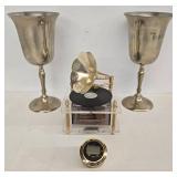 Set of Brass Chalices, Heritage Musical Box, & Armotar Travel Clock