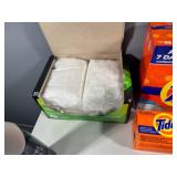 Lot of Household Cleaning Supplies including Tide, OxiClean, Bounce, and Face Masks