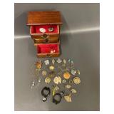 Vintage Jewelry Collection with Wooden Jewelry Box - Brooches, Earrings & More