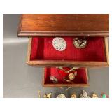 Vintage Jewelry Collection with Wooden Jewelry Box - Brooches, Earrings & More