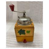 Vintage Hand-Crank Coffee Grinder Wood Metal with Leaf Motif Rustic Design