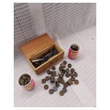 Assorted Vintage Brass Bullet Casings and Empty Shell Collection in Wooden Box