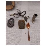 Vintage Collectibles Lot: Padlock, Metal Spoon, Lock, Brass Badges, Miniatures & More