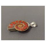 Ammonite Fossil Pendant with Red Inlays