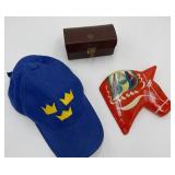 Swedish: Vintage Abu Garcia Ambassadeur Leather Fishing Reel Case - Blue & Yellow Hat - Wooden Dala Horse Head