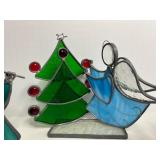 Vintage STAINED GLASS Christmas Figures including Angel Decorating Tree- Qty 4