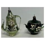 Antique Vintage MERCURY GLASS Tall & Short Teapots Feather Tree Christmas Ornaments - Qty 2