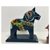 Vintage Pair of Swedish DALA Horses Including a Napkin Holder and a Miniature Mounted on a Stone Base